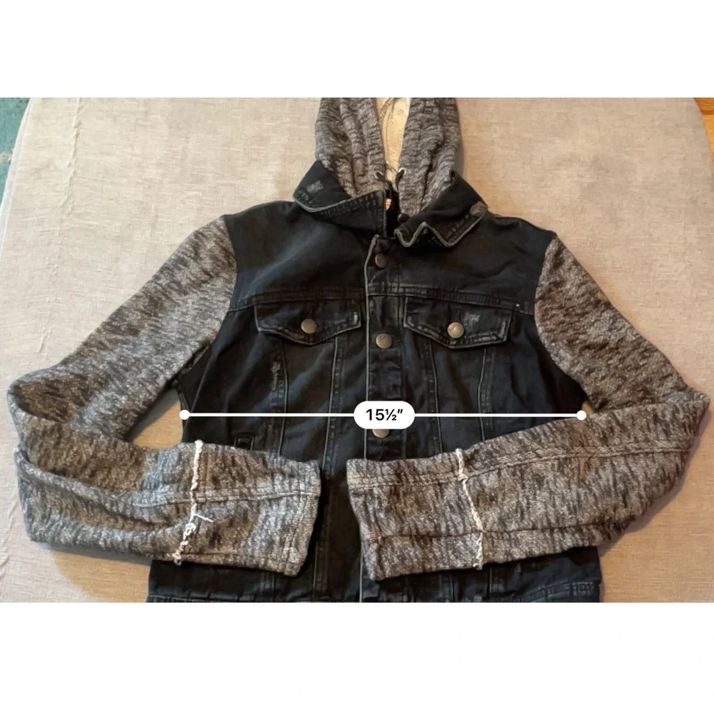 Free People Black Denim‎ Hooded Jacket Distressed Grey Knit Sleeves - Picture 3 of 6